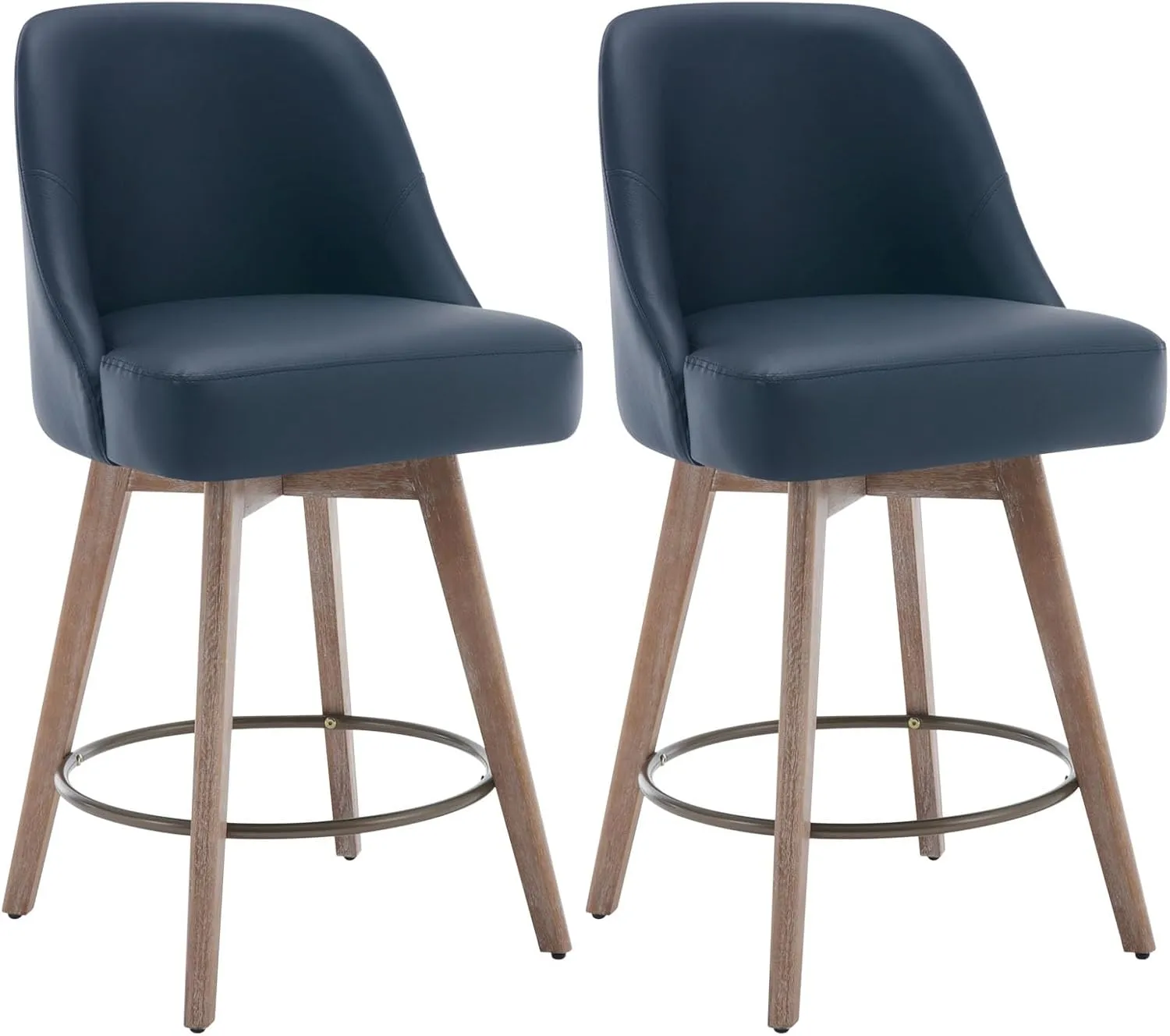 Counter Height Bar Stools Set of 2, Mid-Century Swivel PU Leather Upholstered Barstools with Backs and Beech Wood Legs, 26 Inch Seat Height, Bar Chairs for Kitchen Island, Bar, Pub, Blue