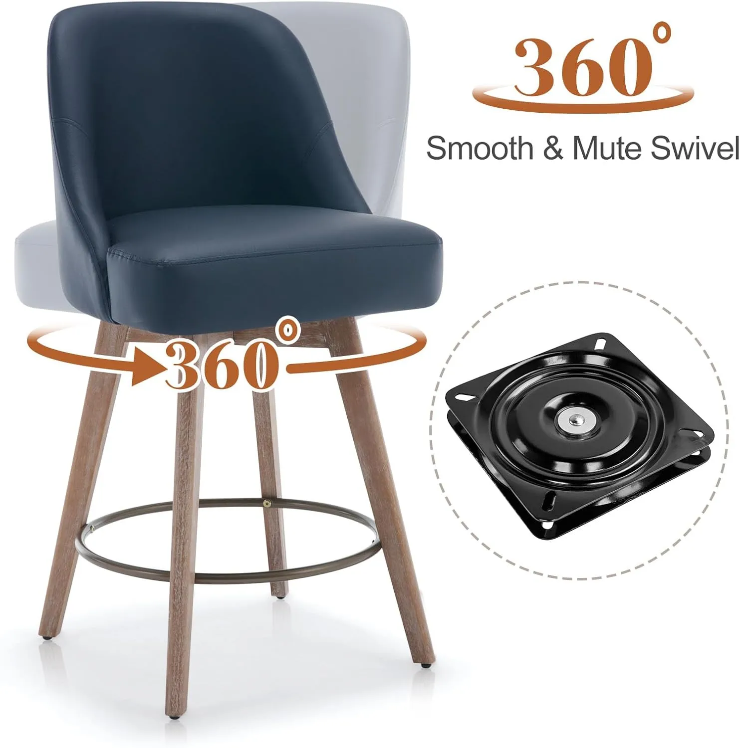 Counter Height Bar Stools Set of 2, Mid-Century Swivel PU Leather Upholstered Barstools with Backs and Beech Wood Legs, 26 Inch Seat Height, Bar Chairs for Kitchen Island, Bar, Pub, Blue