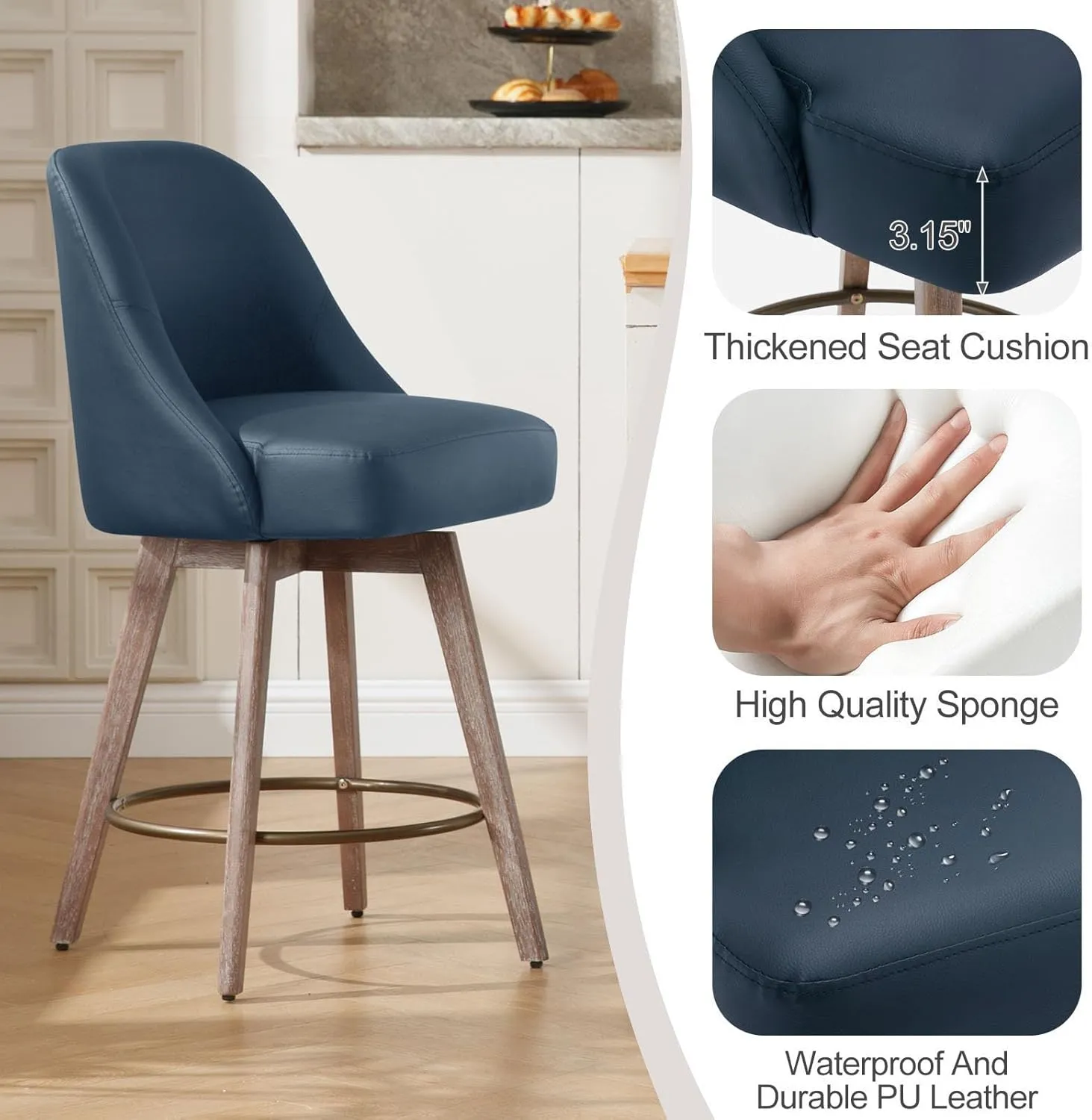 Counter Height Bar Stools Set of 2, Mid-Century Swivel PU Leather Upholstered Barstools with Backs and Beech Wood Legs, 26 Inch Seat Height, Bar Chairs for Kitchen Island, Bar, Pub, Blue