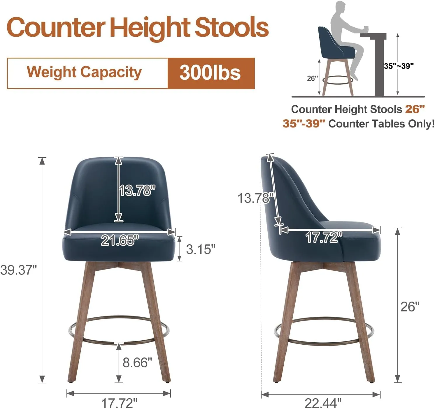 Counter Height Bar Stools Set of 2, Mid-Century Swivel PU Leather Upholstered Barstools with Backs and Beech Wood Legs, 26 Inch Seat Height, Bar Chairs for Kitchen Island, Bar, Pub, Blue