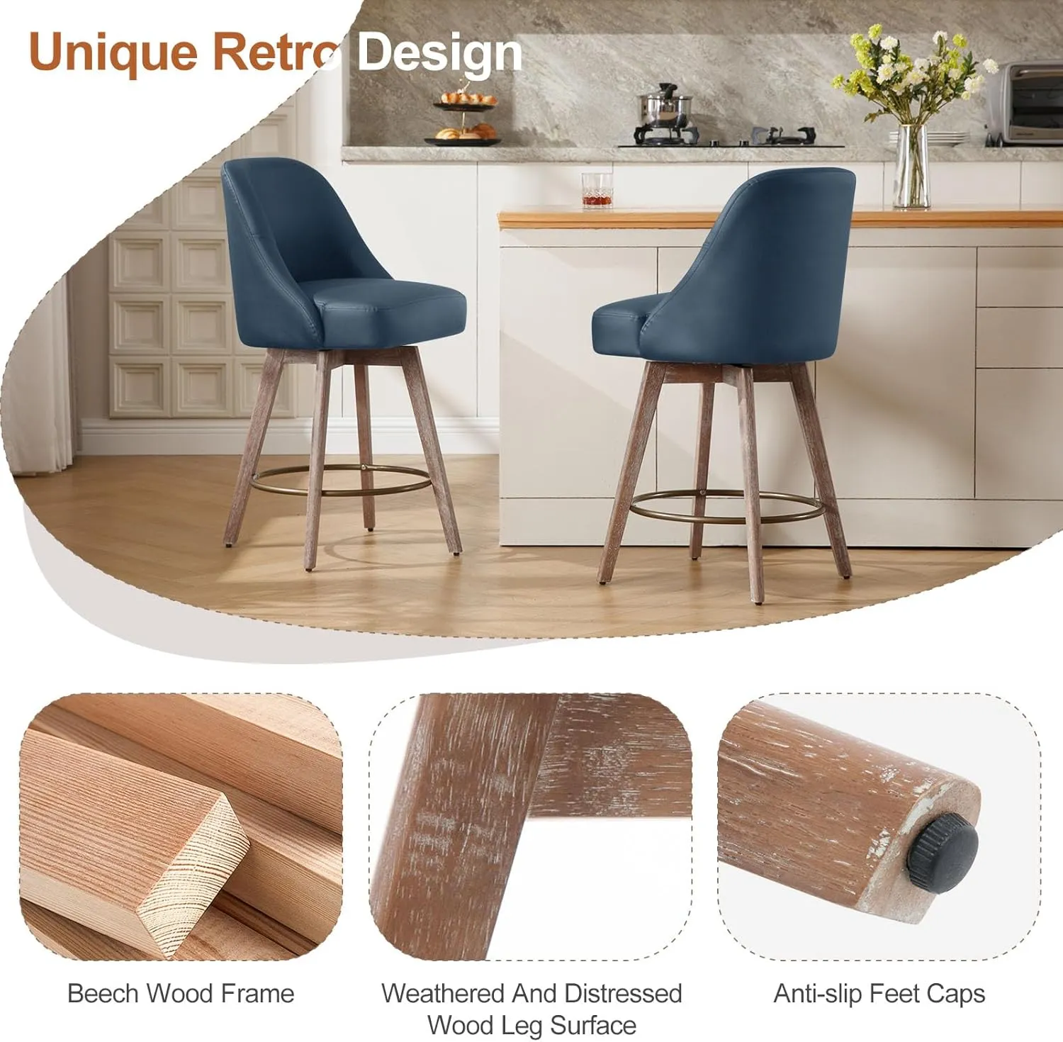 Counter Height Bar Stools Set of 2, Mid-Century Swivel PU Leather Upholstered Barstools with Backs and Beech Wood Legs, 26 Inch Seat Height, Bar Chairs for Kitchen Island, Bar, Pub, Blue