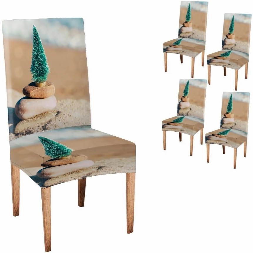 Cover for Chairs Dining Room Miniature of a Christmas Tree on a Stone Stack on Dining Chair Slipcover Set of 4 for Living Room Kitchen