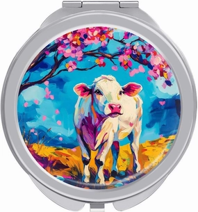 Cow and Flower Compact Makeup Mirror Mini Foldable Cosmetic Mirror Portable Travel Mirror for Purse Pocket