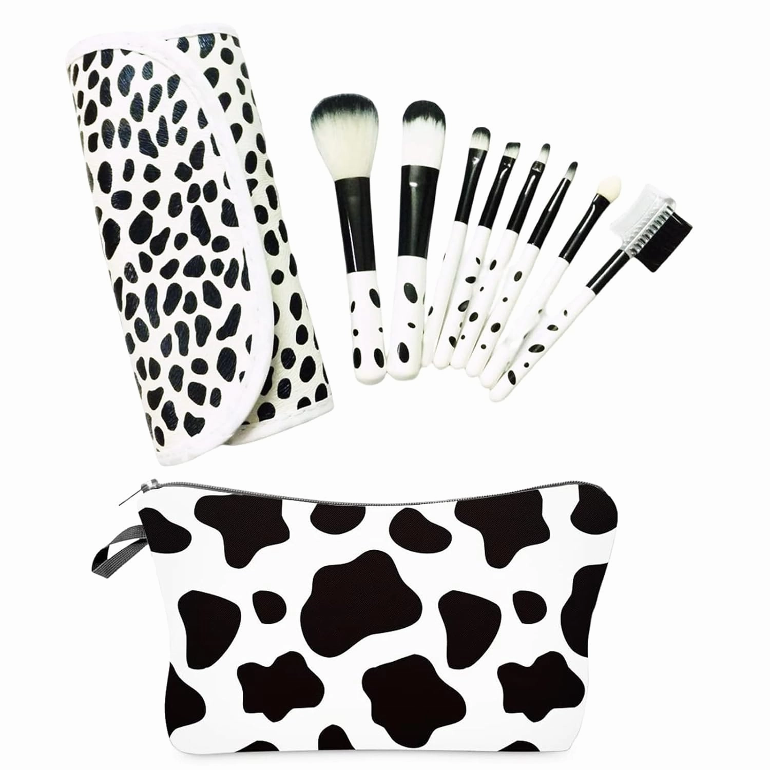 Cow Print Makeup Brushes, 8Pcs Travel Makeup Brush With Organizer Case, Women's Portable Face Eyebrow Lip Brush Set Waterproof Cosmetic Bag (Cow Print Makeup Brushes)