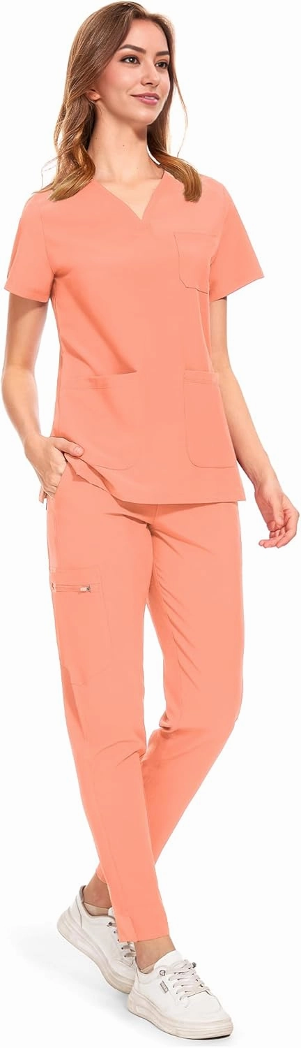 COZYFIT Medical Scrubs for Women Set - Curved V-Neck Scrub Top & Jogger Pants with 8 Pockets