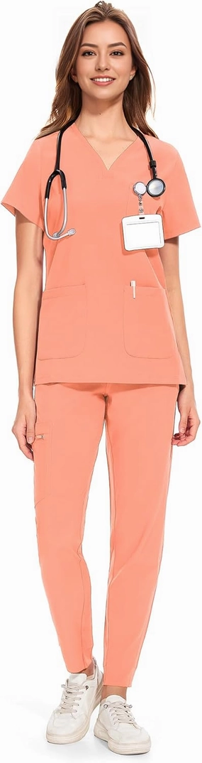 COZYFIT Medical Scrubs for Women Set - Curved V-Neck Scrub Top & Jogger Pants with 8 Pockets