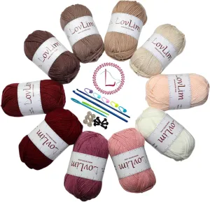 Crochet Yarn, 10x50g Soft Cotton Yarn Skeins, 1200  Yards, for Crochet and Knitting, Free Crochet/Amigurumi Patterns, Craft DK Yarn Perfect Starter Kit (Pinkish_Brown)