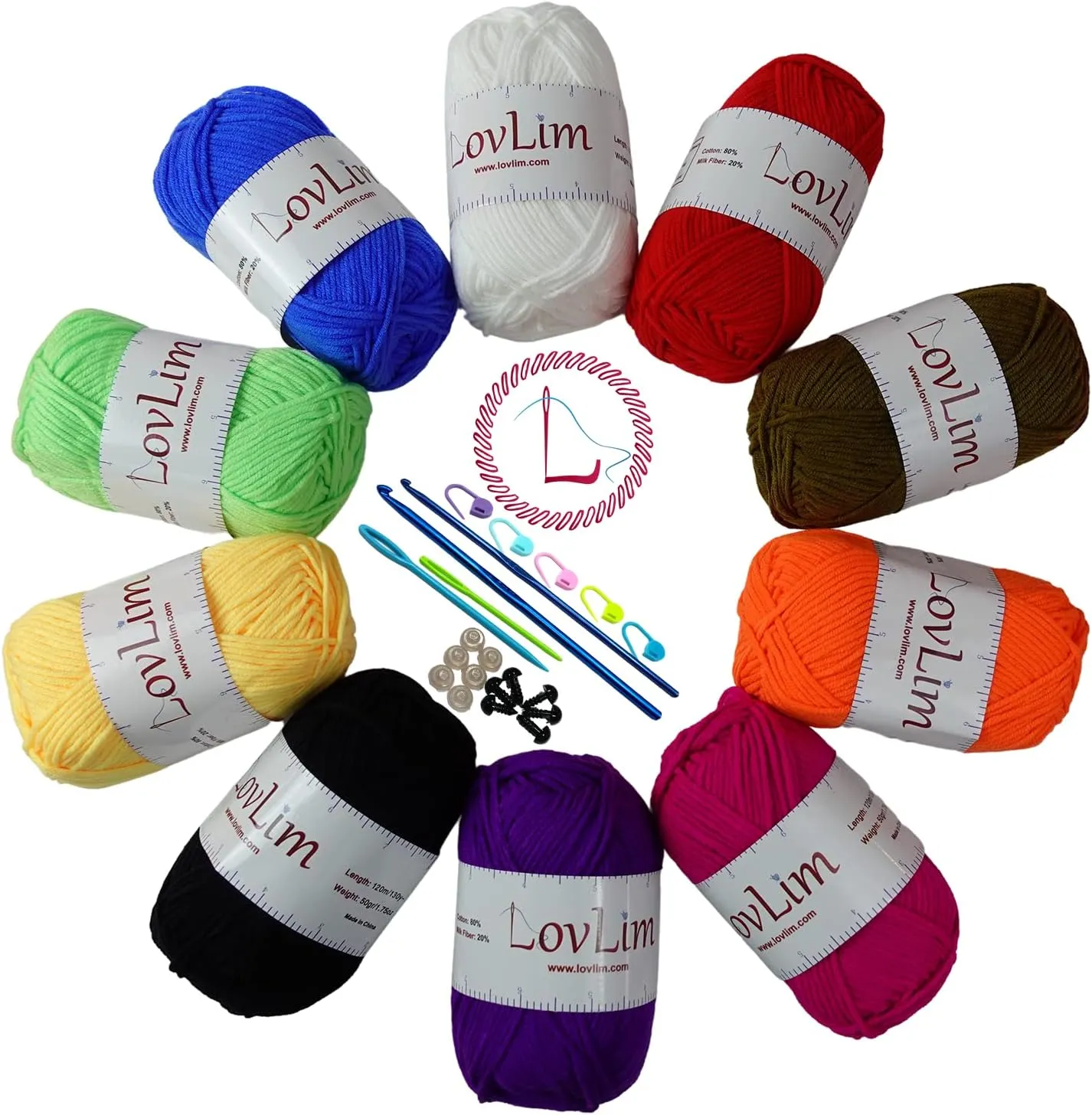 Crochet Yarn, 10x50g Soft Cotton Yarn Skeins, 1200  Yards, for Crochet and Knitting, Free Crochet/Amigurumi Patterns, Craft DK Yarn Perfect Starter Kit (Rainbow)