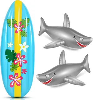 Cunhill 3 Pcs Inflatable Surf Board and Shark Luau Decoration Include 2 Pcs 38.9 in Shark Pool Toy and 60 in Inflatable Surfboard Decor Party Decorations for Adults Boys Girls Surf Beach Party