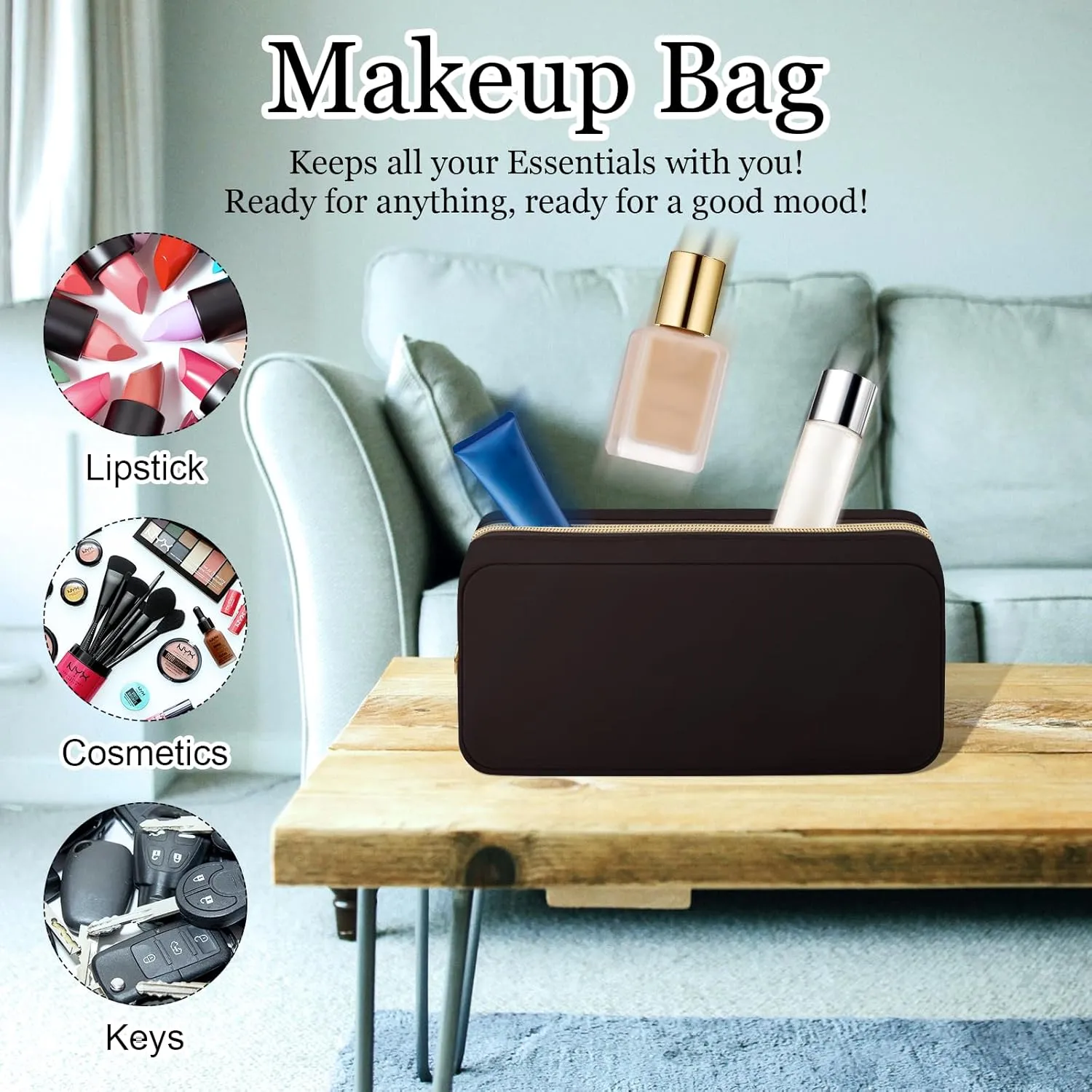 Cute Preppy Makeup Bag Cosmetic Zipper Pouch Organizer for Women, Waterproof Nylon Coin Pouch Sanitary Napkin Storage Bag for Work (Brown-Middle)