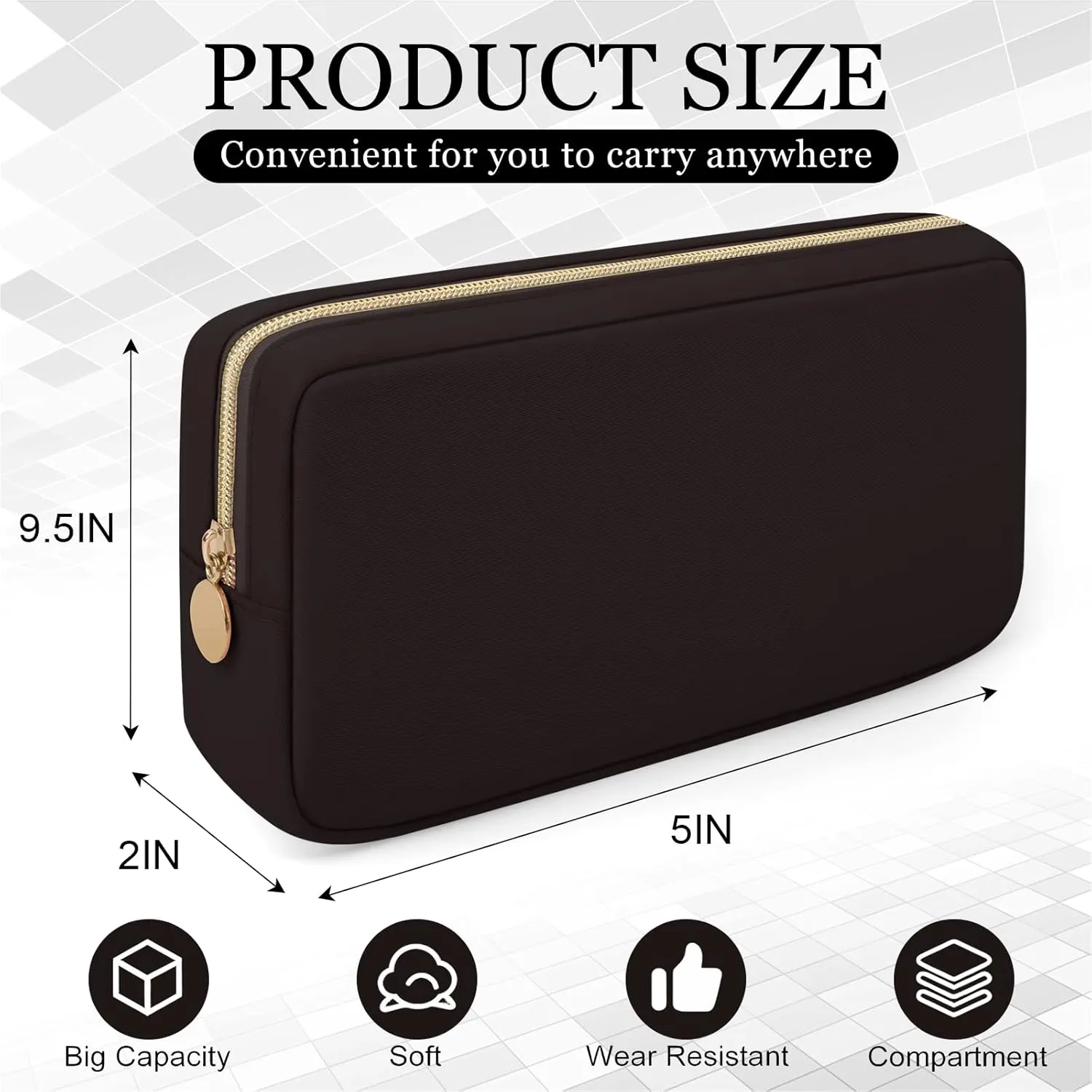 Cute Preppy Makeup Bag Cosmetic Zipper Pouch Organizer for Women, Waterproof Nylon Coin Pouch Sanitary Napkin Storage Bag for Work (Brown-Middle)