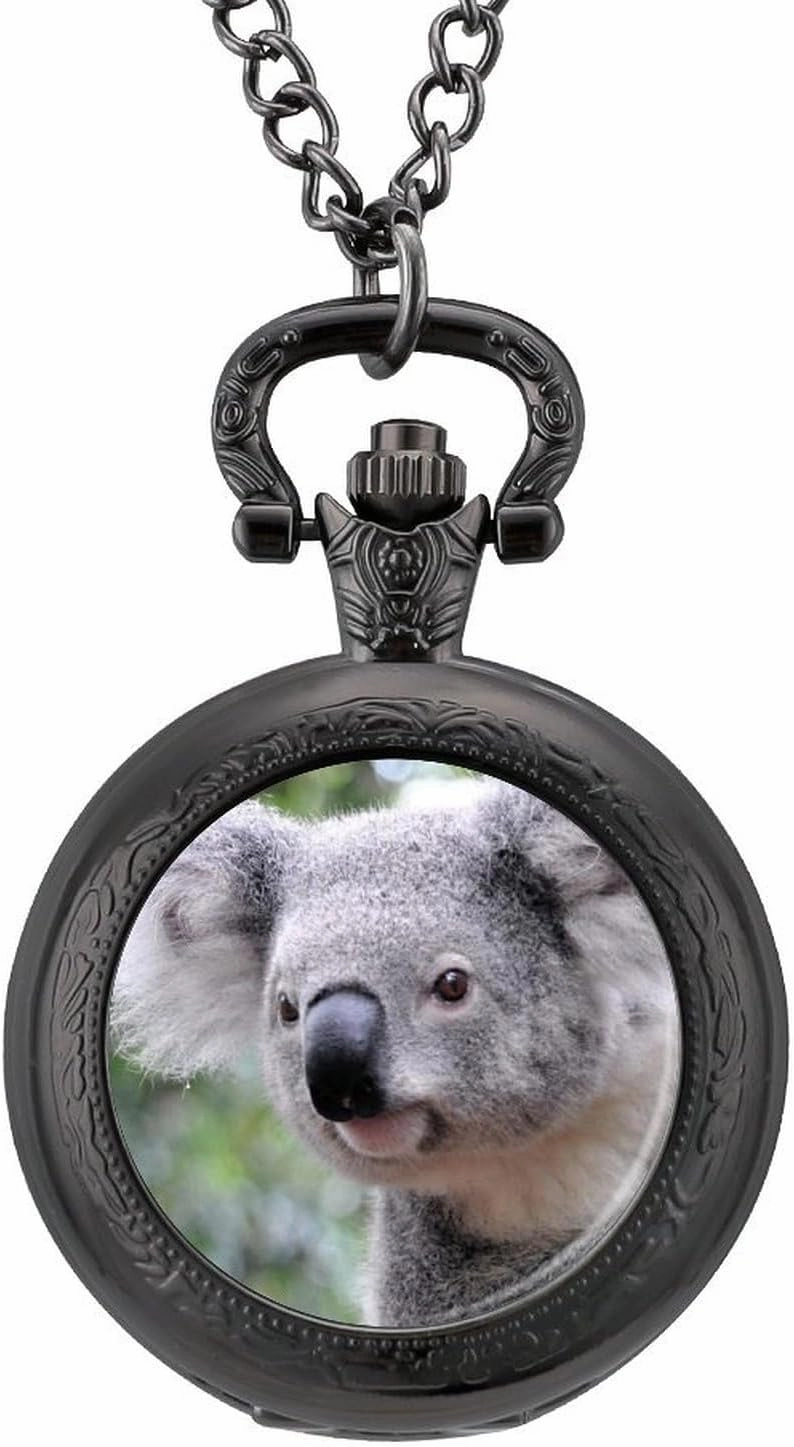 Cute Koala Bear Vintage Quartz Pocket Watch with Chain Numerals Scale for Christmas Graduation Birthday Gift