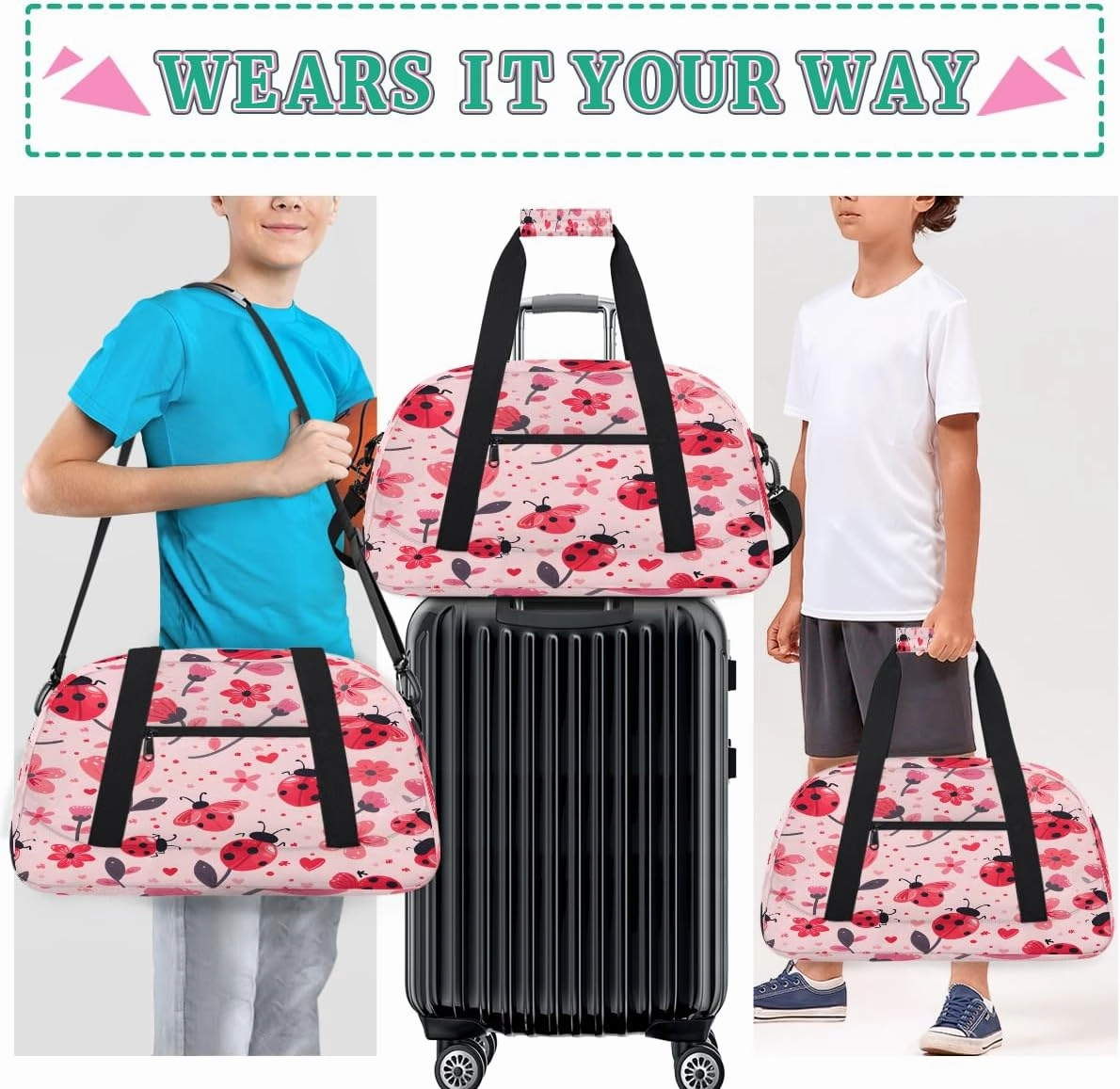 Cute Ladybirds Flower Kids Overnighter Duffel Bags for Boys, Carry-On Size Sports Gym Bag with Front Zipper Pocket for School Practice or Overnight Travel Weekender Sleepover Tote Bag