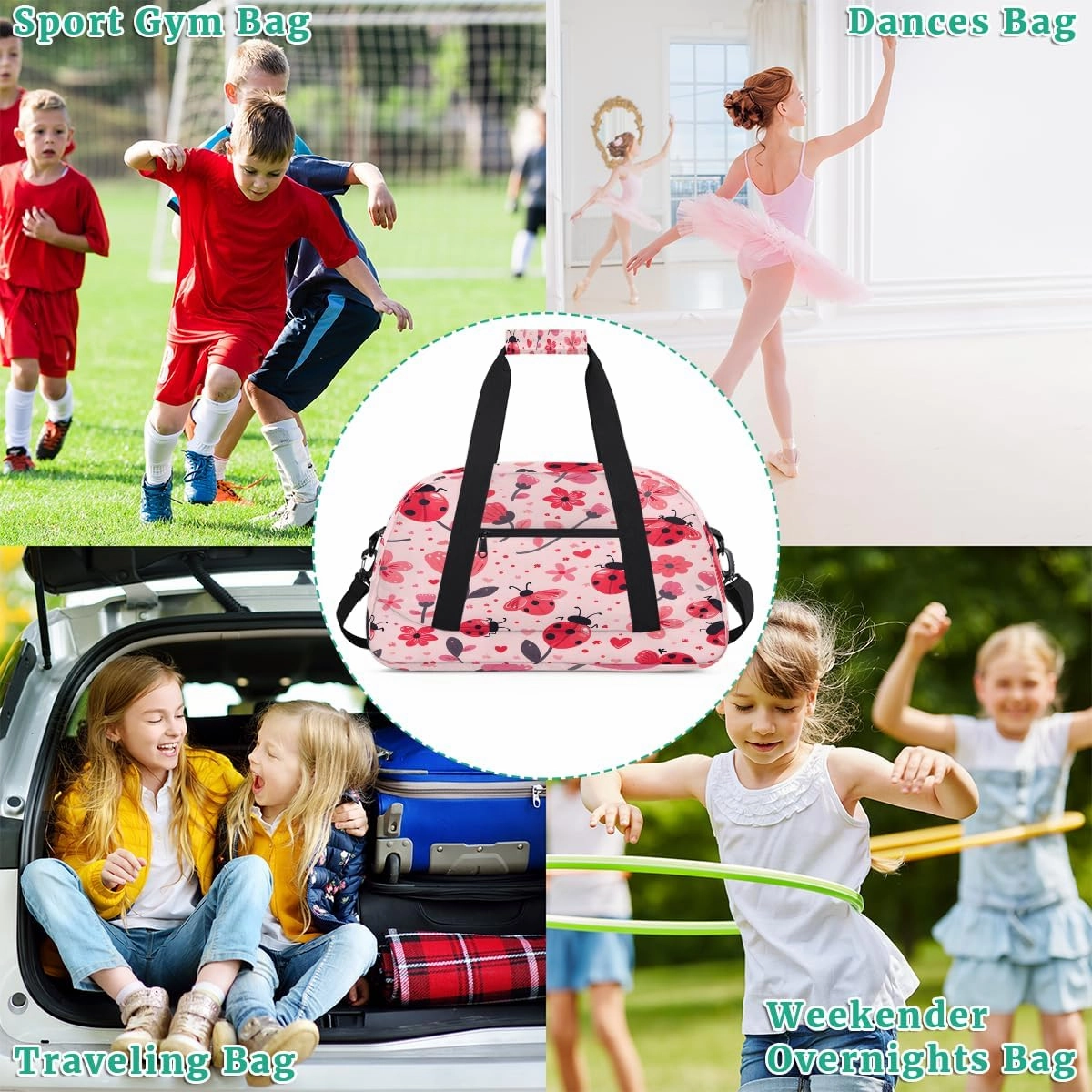 Cute Ladybirds Flower Kids Overnighter Duffel Bags for Boys, Carry-On Size Sports Gym Bag with Front Zipper Pocket for School Practice or Overnight Travel Weekender Sleepover Tote Bag