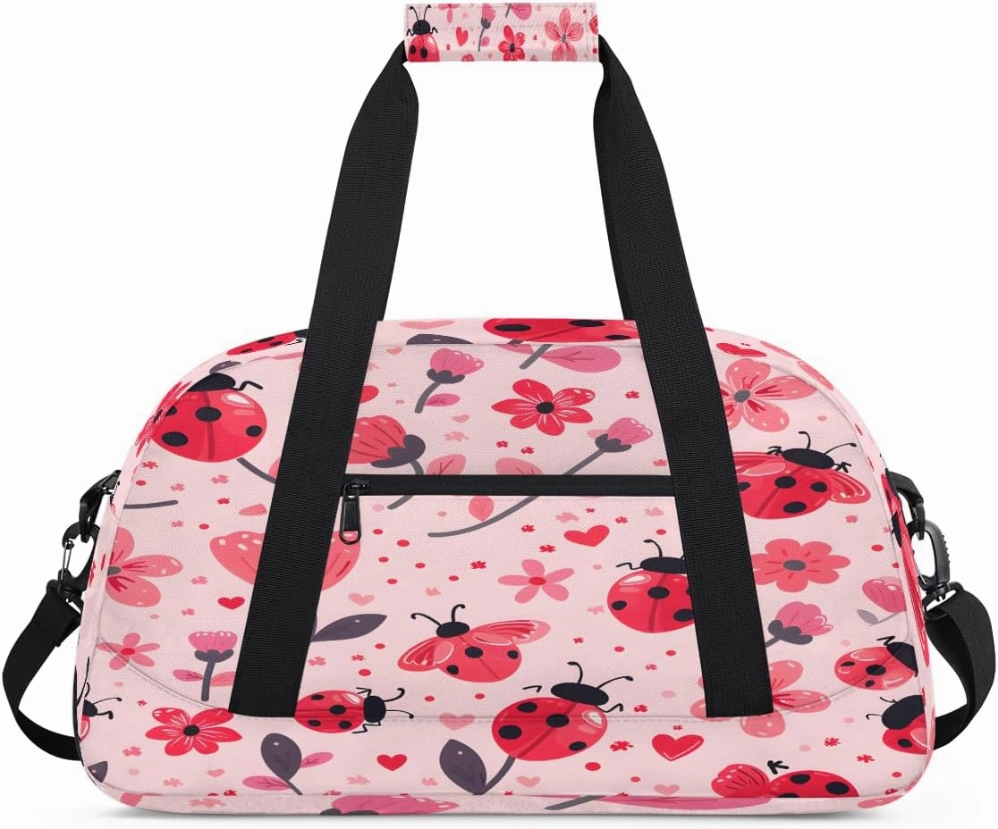 Cute Ladybirds Flower Kids Overnighter Duffel Bags for Boys, Carry-On Size Sports Gym Bag with Front Zipper Pocket for School Practice or Overnight Travel Weekender Sleepover Tote Bag