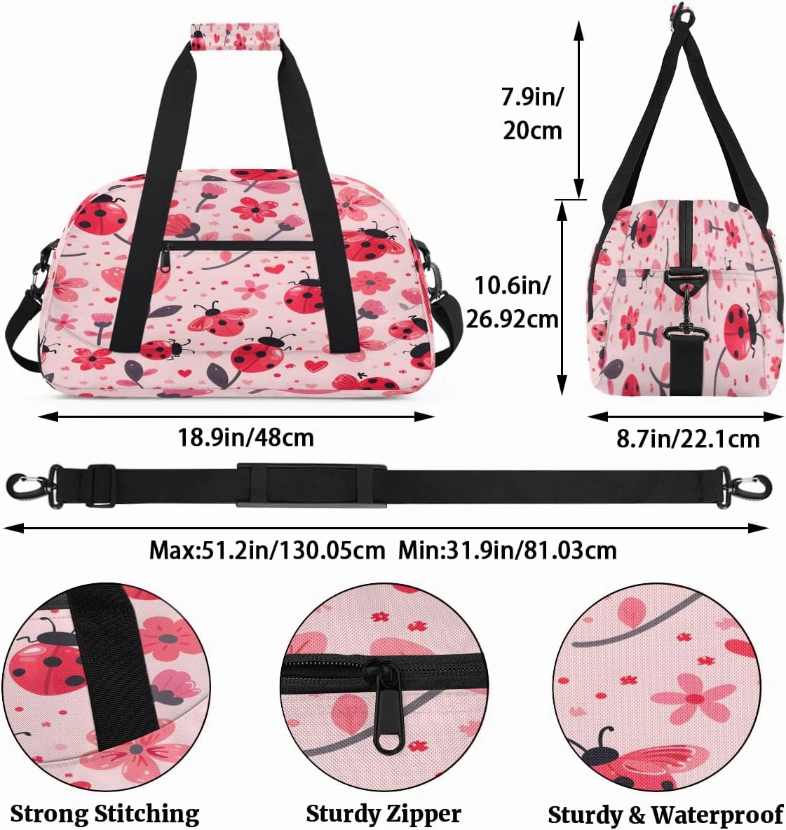 Cute Ladybirds Flower Kids Overnighter Duffel Bags for Boys, Carry-On Size Sports Gym Bag with Front Zipper Pocket for School Practice or Overnight Travel Weekender Sleepover Tote Bag