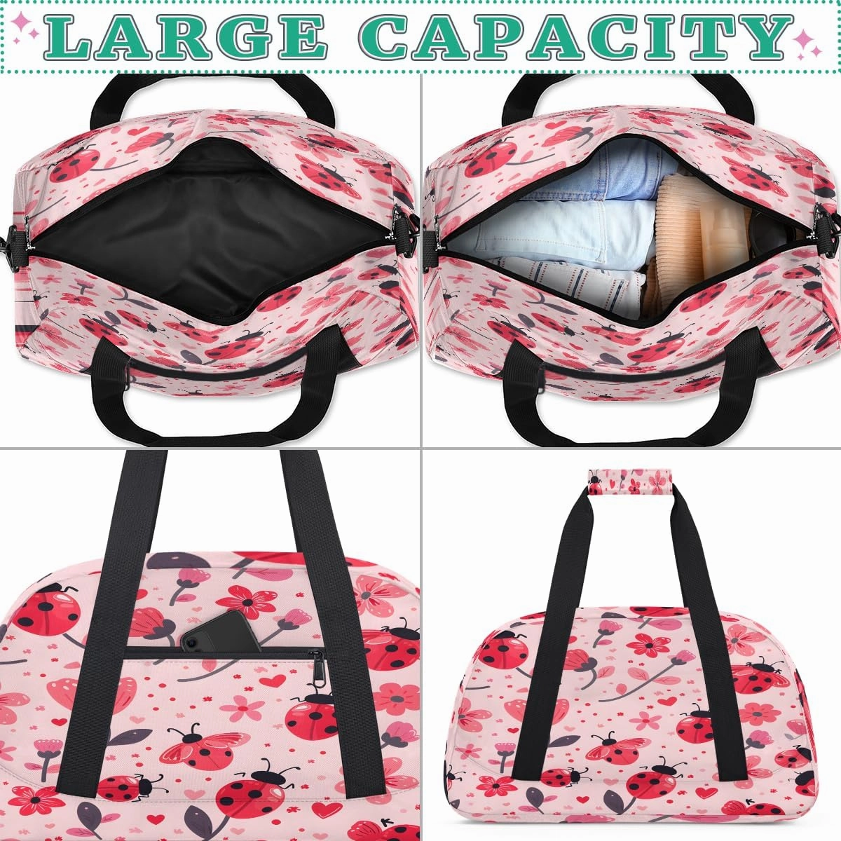 Cute Ladybirds Flower Kids Overnighter Duffel Bags for Boys, Carry-On Size Sports Gym Bag with Front Zipper Pocket for School Practice or Overnight Travel Weekender Sleepover Tote Bag