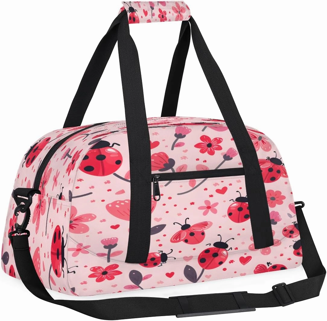 Cute Ladybirds Flower Kids Overnighter Duffel Bags for Boys, Carry-On Size Sports Gym Bag with Front Zipper Pocket for School Practice or Overnight Travel Weekender Sleepover Tote Bag
