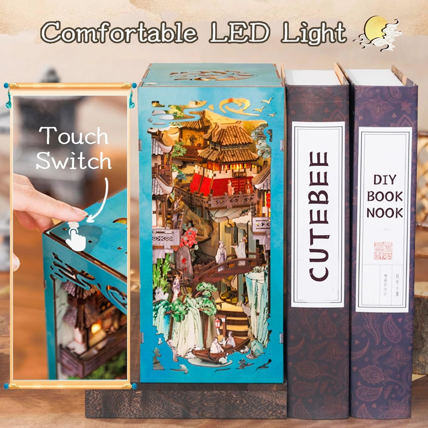 CUTEBEE Book Nook Kit - DIY Miniature House Dollhouse Kit for Adult and Teens, Booknook Bookshelf Decor Alley Model Build with LED Light, Gifts for Family and Friends