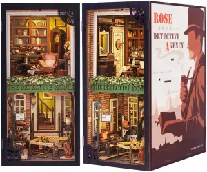 Cutefun Book Nook Kit, DIY Miniature Dollhouse Booknook for Adults, 3D Wooden Puzzle Bookend Bookshelf Insert Decor with LED Light, Gift for Craft Lovers (Rose Detective Agency)