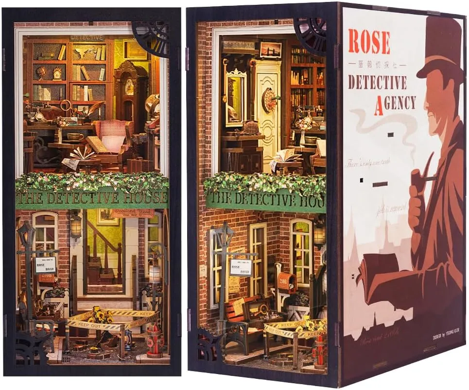 Cutefun Book Nook Kit, DIY Miniature Dollhouse Booknook for Adults, 3D Wooden Puzzle Bookend Bookshelf Insert Decor with LED Light, Gift for Craft Lovers (Rose Detective Agency)
