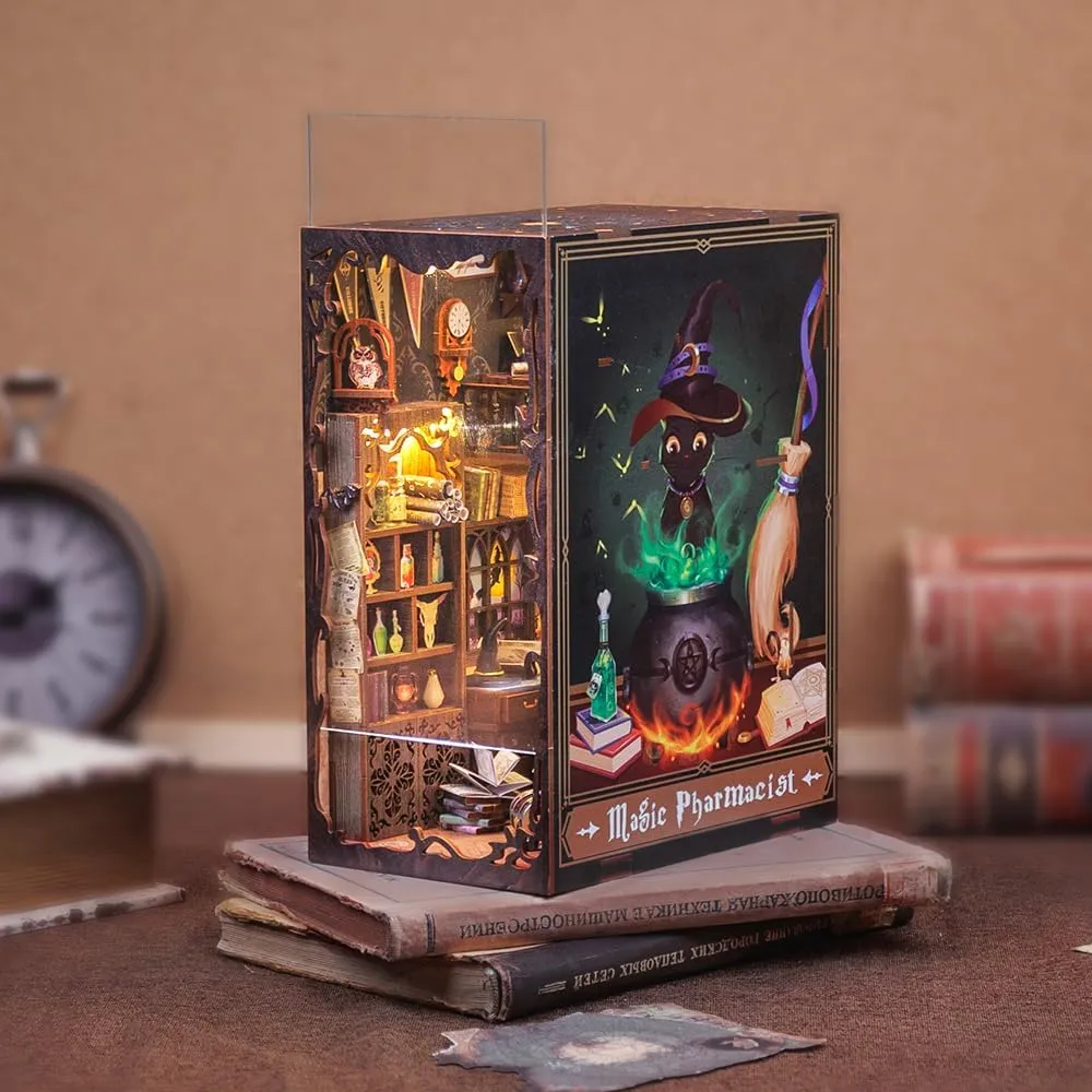 Cutefun DIY Book Nook Kit Birthday Gift for Adults, Teens, Family, DIY Miniature House Booknook Kit Bookshelf Decor 3D Wooden Puzzles for Adults, Tiny Home Model with LED Light (Magic Pharmacist)