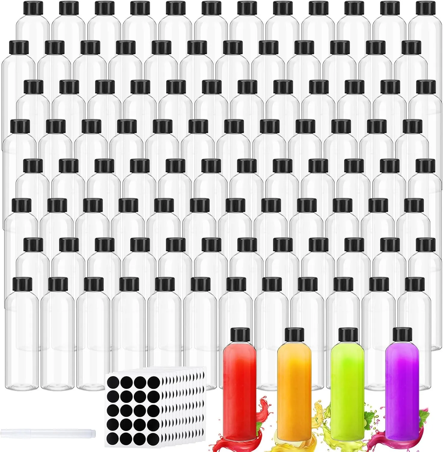 Dandat 100 Pcs Plastic Juice Bottles with Caps Clear Shot Bottles Bulk Empty Reusable Clear Beverage Containers with Lids, Label, Pen for Milk, Drinking, Potion, Ginger Shots, Whiskey(4 oz)