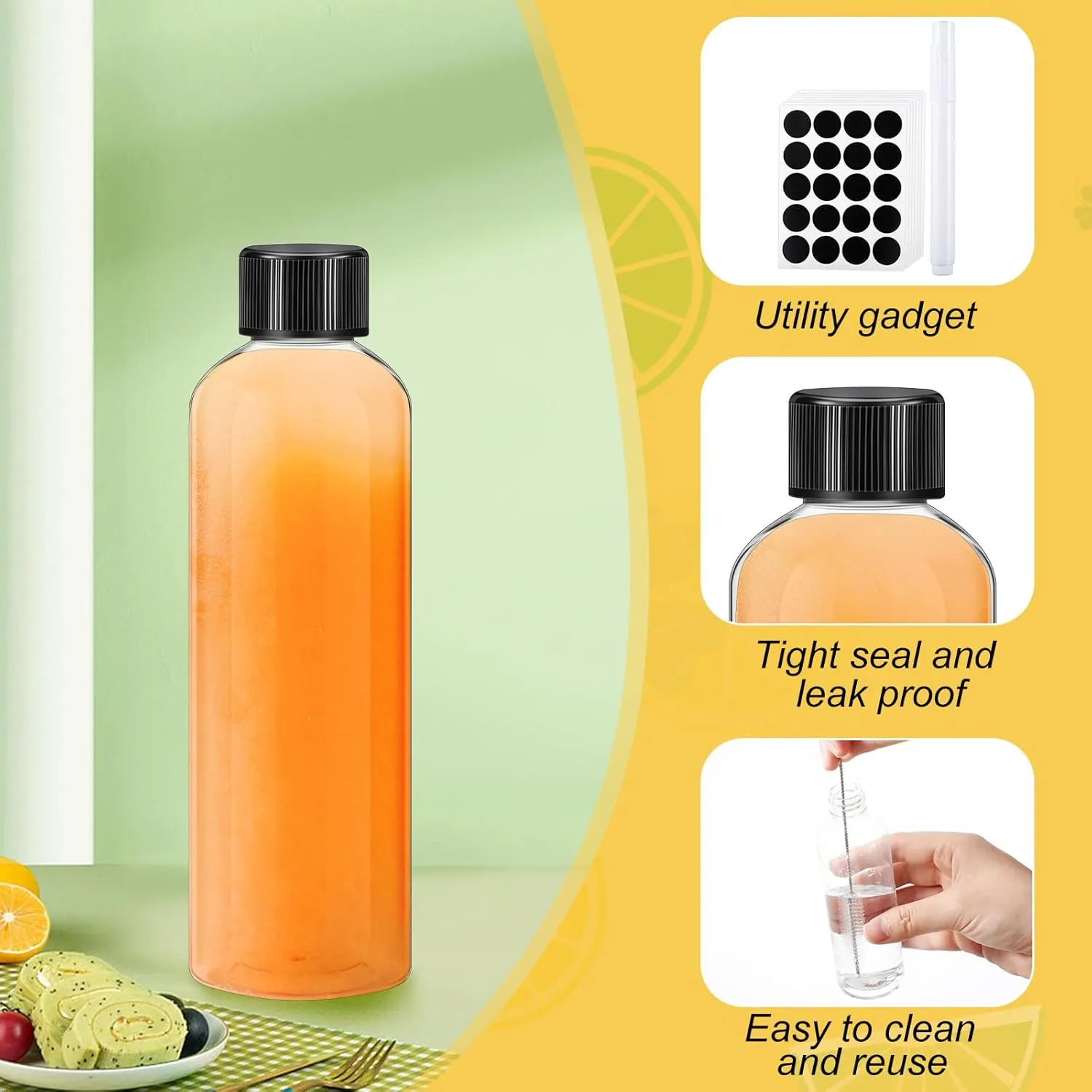 Dandat 100 Pcs Plastic Juice Bottles with Caps Clear Shot Bottles Bulk Empty Reusable Clear Beverage Containers with Lids, Label, Pen for Milk, Drinking, Potion, Ginger Shots, Whiskey(4 oz)