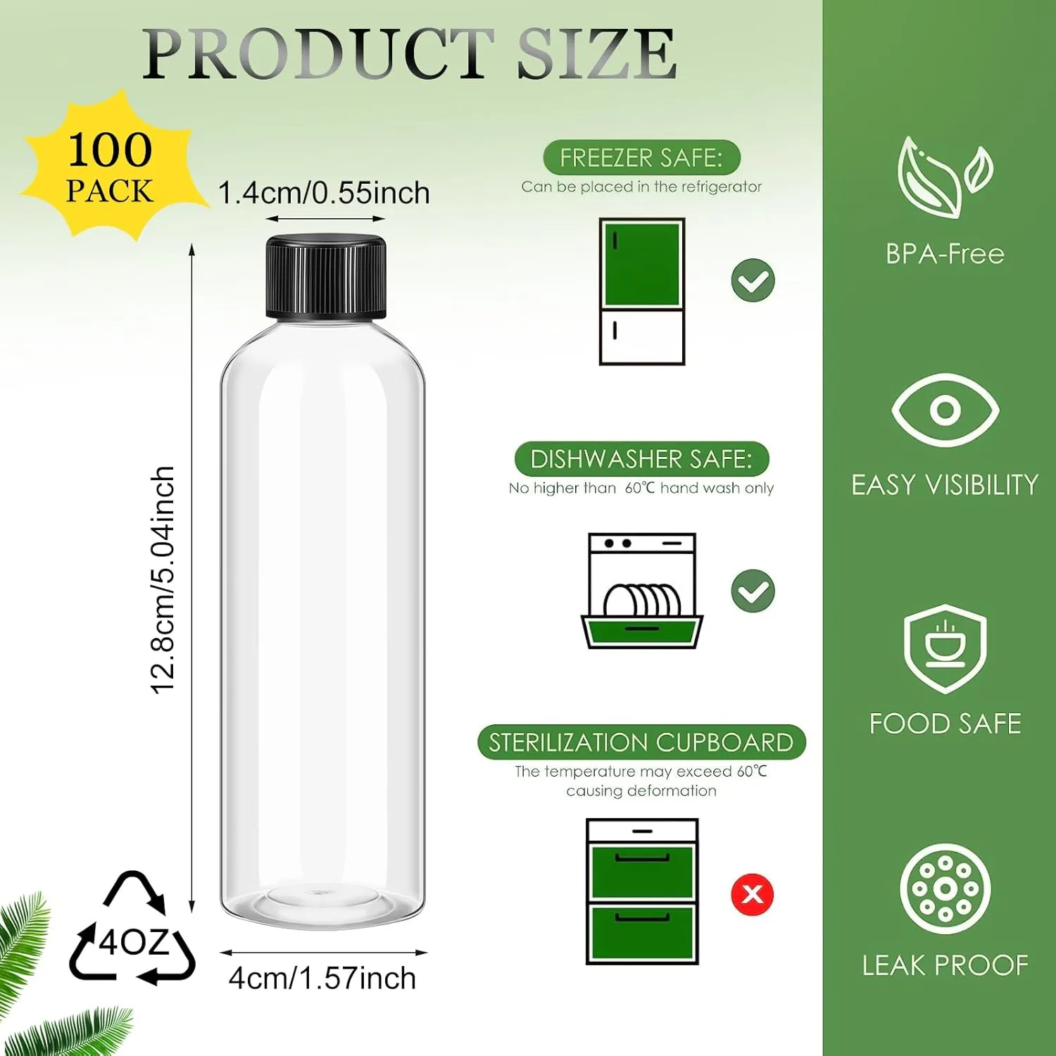 Dandat 100 Pcs Plastic Juice Bottles with Caps Clear Shot Bottles Bulk Empty Reusable Clear Beverage Containers with Lids, Label, Pen for Milk, Drinking, Potion, Ginger Shots, Whiskey(4 oz)