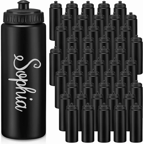 Dandat 50 Pack Reusable Water Bottles Bulk for Boy Adults 24oz Plastic Pull Top Cap Team Sports Bottles for Gym Football Cheer Party Favors(Black)
