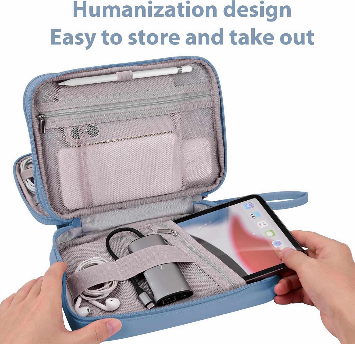 DDgro Electronic Travel Organizer Case for Cable/Cord/Charger/Tech Essentials (Haze Blue, PU-Large)