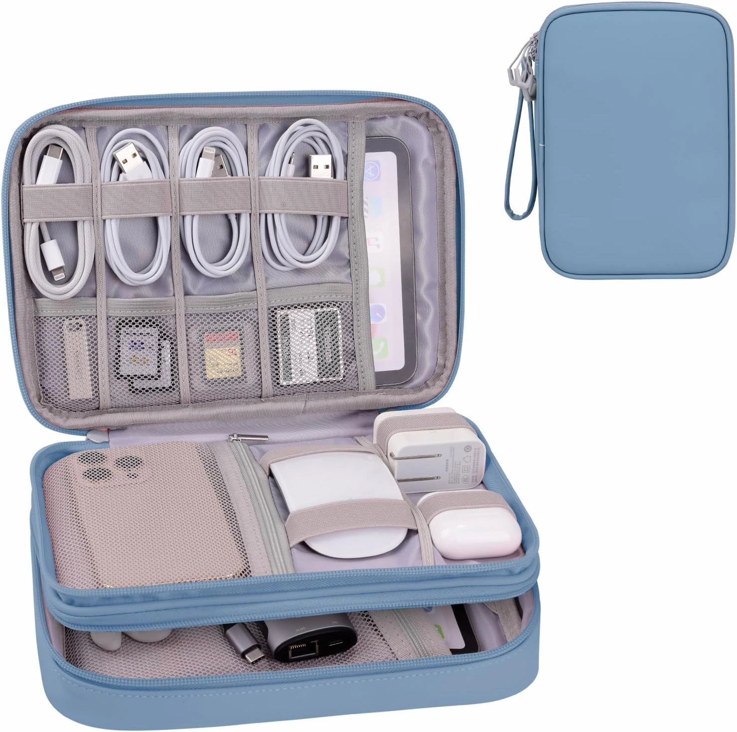 DDgro Electronic Travel Organizer Case for Cable/Cord/Charger/Tech Essentials (Haze Blue, PU-Large)