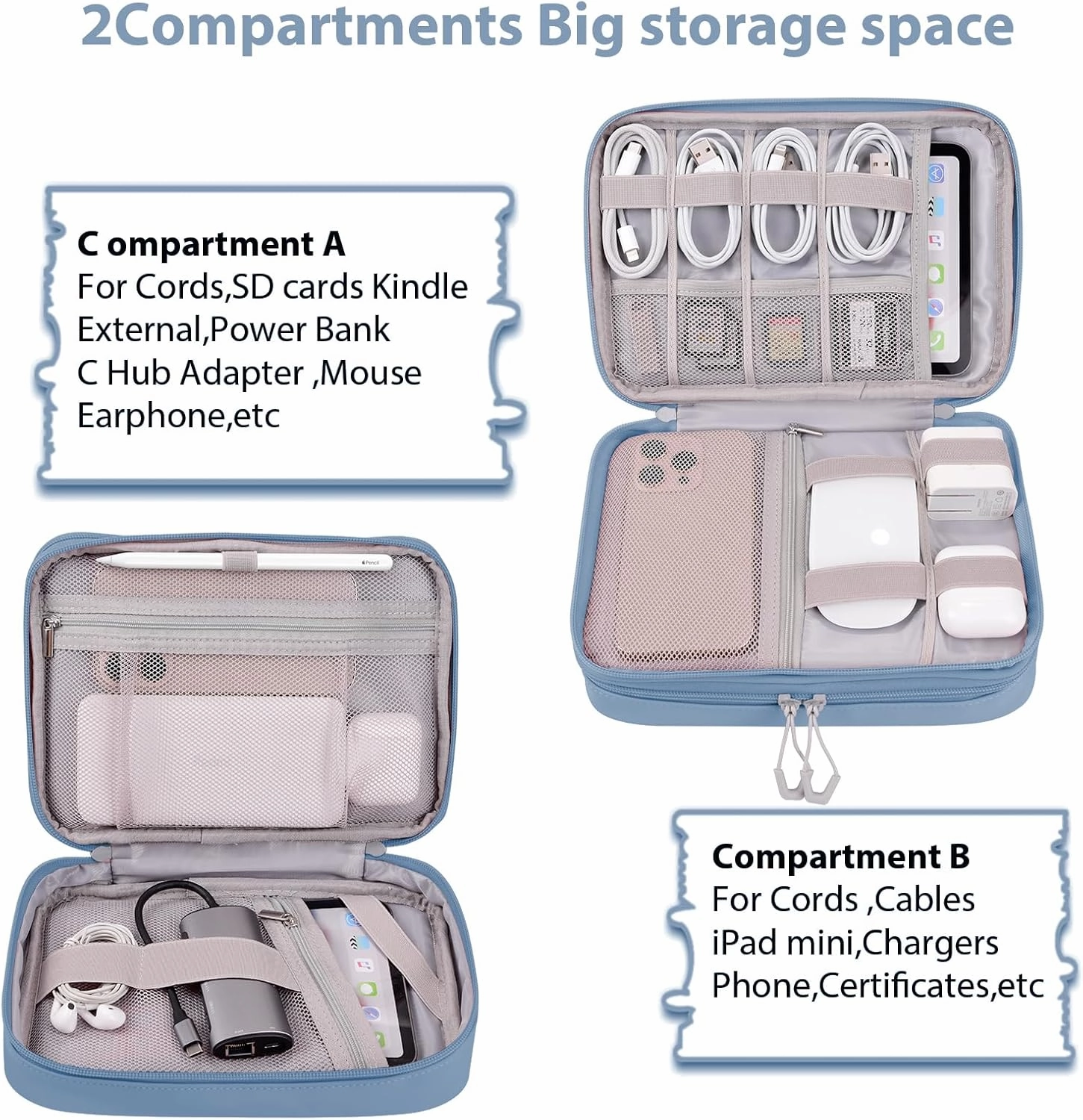 DDgro Electronic Travel Organizer Case for Cable/Cord/Charger/Tech Essentials (Haze Blue, PU-Large)