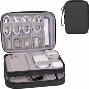 DDgro Travel Electronic Accessory Organizer for Keeping Cables Cords Chargers Phone Earphones SD Cards, Double Layers Storage Pouch Bag (Black, PU-Large)