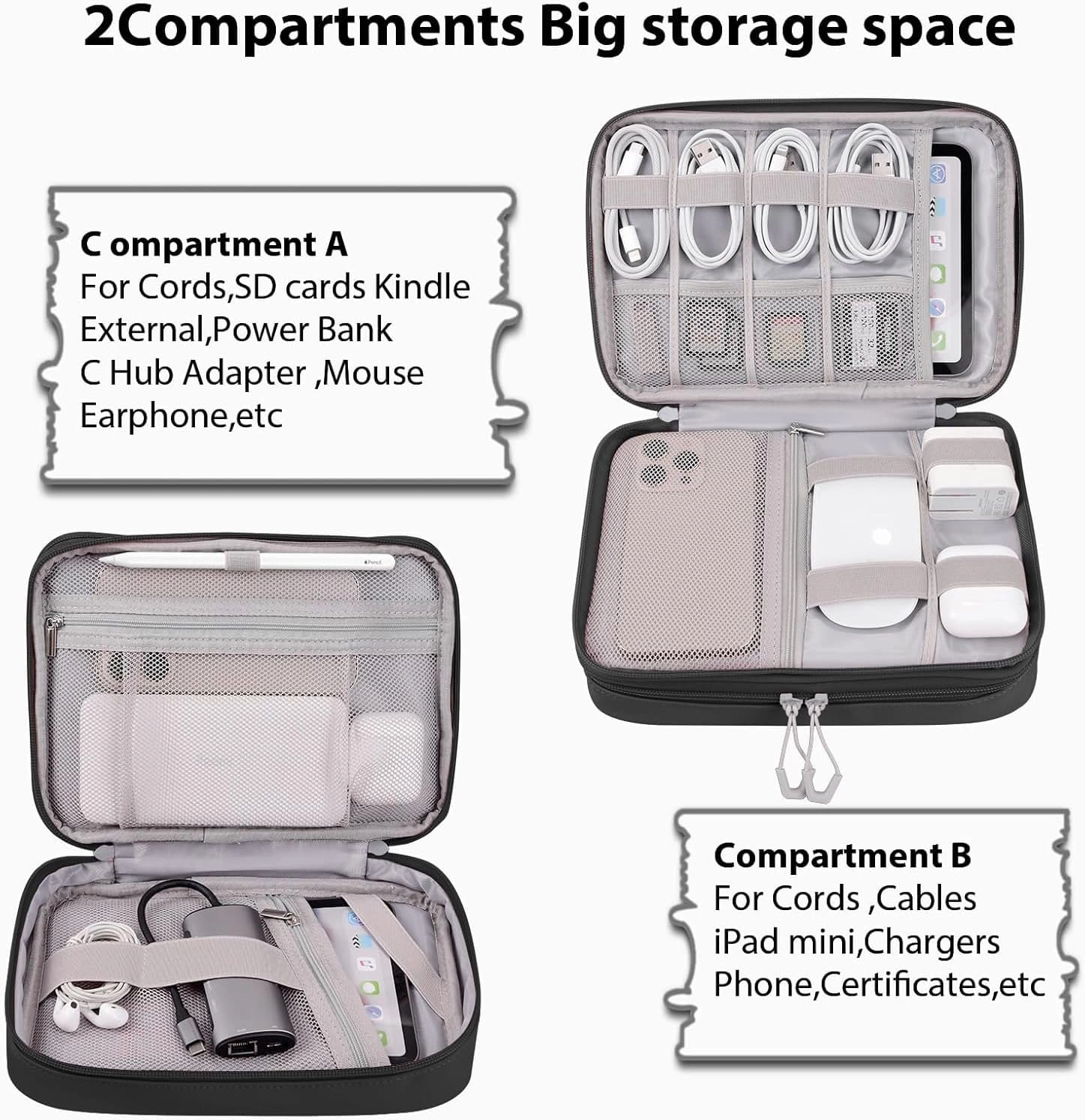 DDgro Travel Electronic Accessory Organizer for Keeping Cables Cords Chargers Phone Earphones SD Cards, Double Layers Storage Pouch Bag (Black, PU-Large)