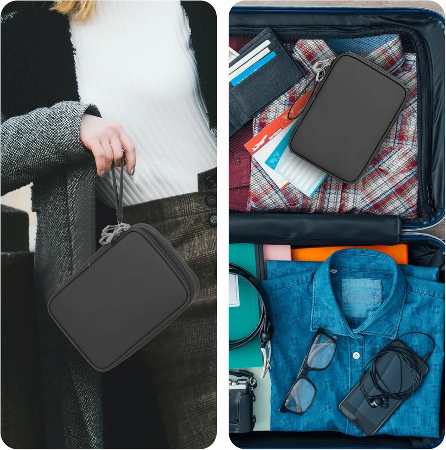 DDgro Travel Electronic Accessory Organizer for Keeping Cables Cords Chargers Phone Earphones SD Cards, Double Layers Storage Pouch Bag (Black, PU-Large)