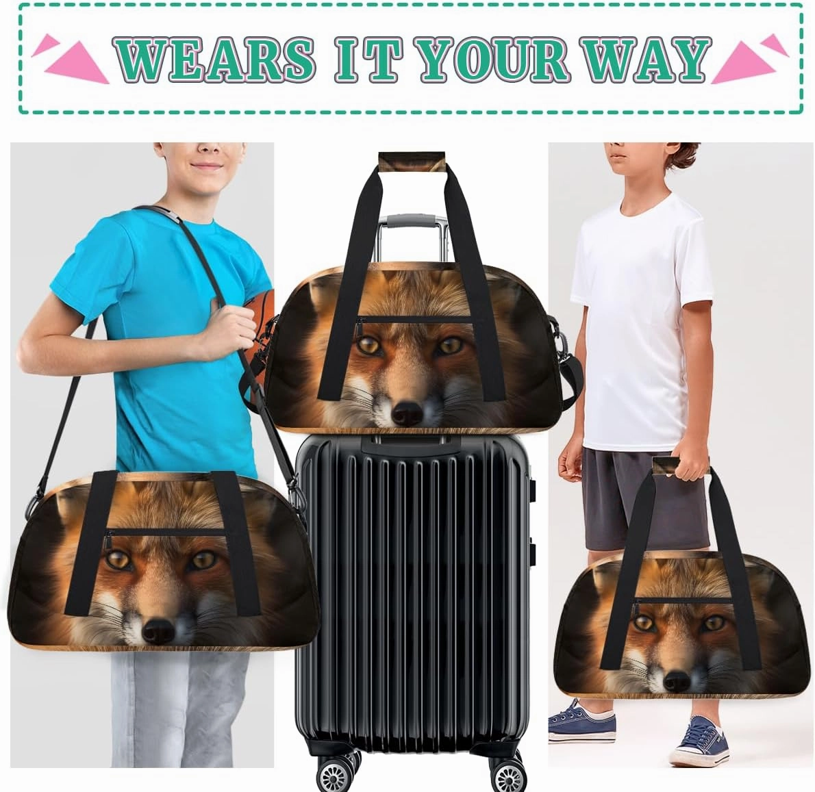 Deep Forest Animal Fox Kids Overnighter Duffel Bags for Boys, Carry-On Size Sports Gym Bag with Front Zipper Pocket for School Practice or Overnight Travel Weekender Sleepover Tote Bag