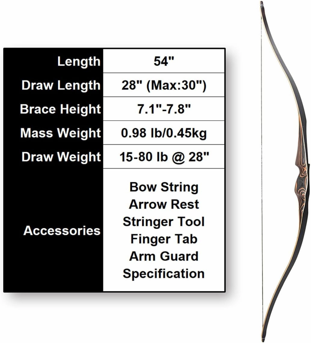Deerseeker Archery 54" Traditional Bow Hunting Longbow with Bamboo Core Limbs Handmade Recurve Bow RH/LH for Targeting Practice Shooting Youth & Adults Bow Set 15-80lbs