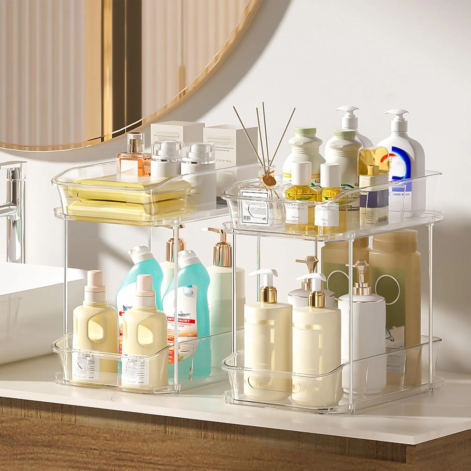 Delamu 3 Pack Bathroom Organizers and Storage, 2 Tier Clear Under Sink Organizer, Pull Out Medicine Cabinet Organizer