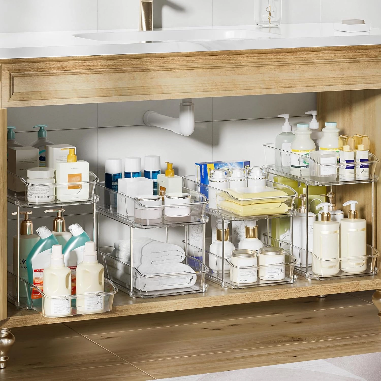 Delamu 4 Pack Bathroom Organizers and Storage, 2 Tier Clear Under Sink Organizer, Pull Out Medicine Cabinet Organizer