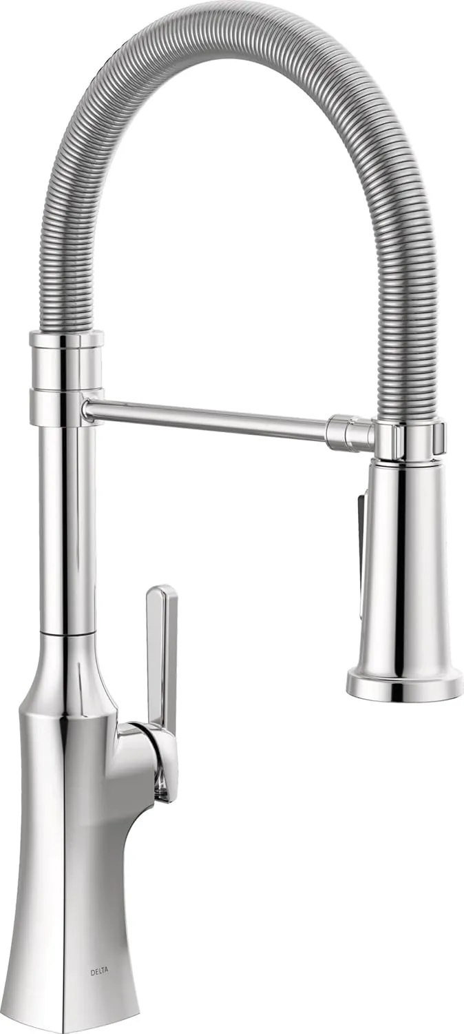 Delta Faucet Ermelo Pro Commercial Style Kitchen Faucet with Pull Down Sprayer, Chrome Commercial Kitchen Faucet, Spring Kitchen Faucet, Delta Kitchen Sink Faucet, Chrome 18887-DST