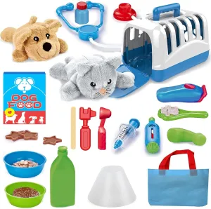 Deluxe Complete Vet Pet Care Play Set | Veterinarian Pretend Doctor Role Play Grooming Toy Kit with Plush Dog & Cat (34 Pcs)