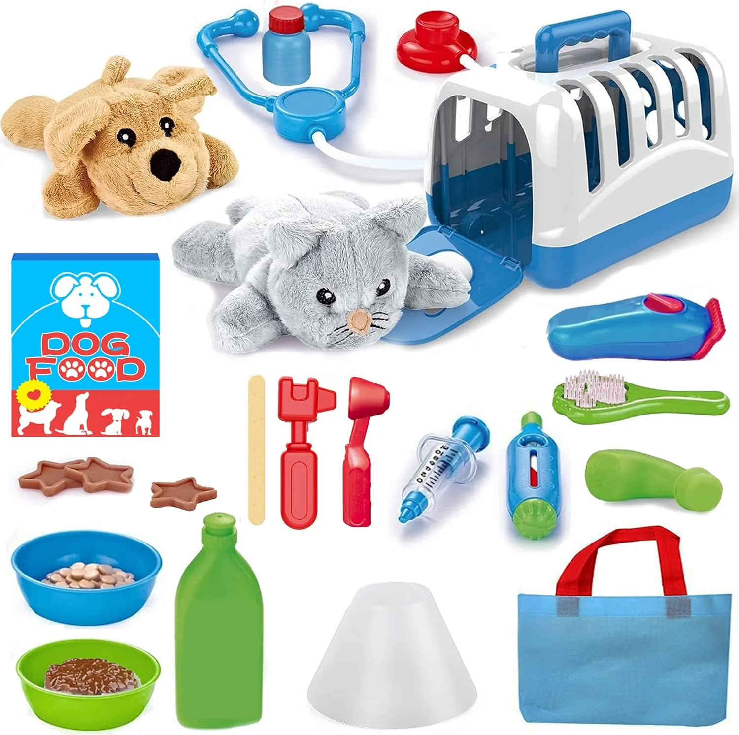 Deluxe Complete Vet Pet Care Play Set | Veterinarian Pretend Doctor Role Play Grooming Toy Kit with Plush Dog & Cat (34 Pcs)