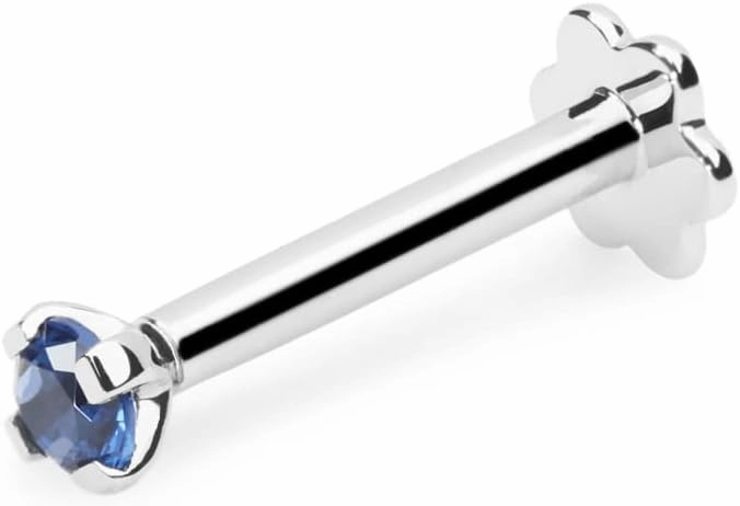 Demira Jewels 2.20mm Solitaire Real Blue Sapphire Solid 14K White Gold Nose Pin, Lip Labret, Monroe Ring Stud Screw - 16 Gauge, 8mm Long Post.