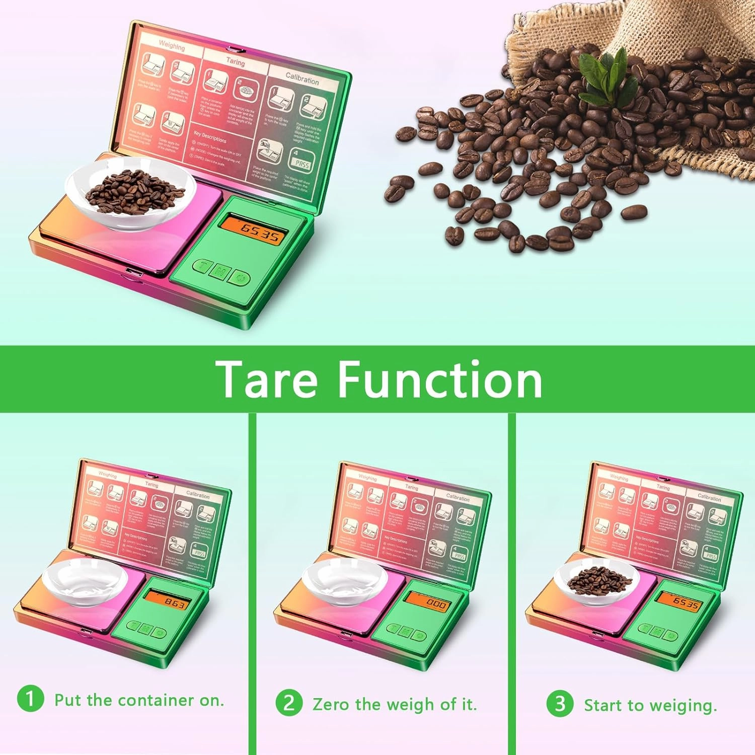 Digital Gram Scale 300g × 0.01g,Rainbow Mini Scale for Food Ounces and Grams,Iridescent Plating Small Jewelry Gram Scale, 6 Units，Tare for Jewelry, Medicine, Coffee,Herbs,Coins