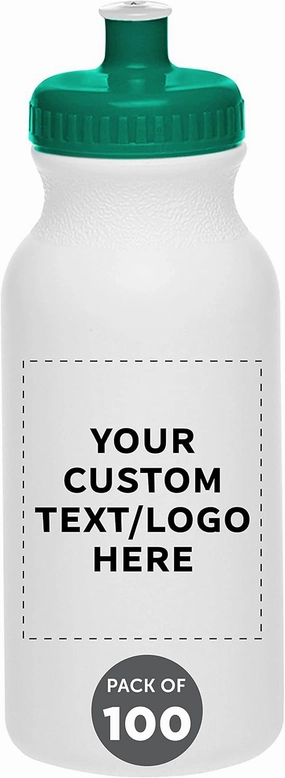 DISCOUNT PROMOS Custom White Water Bottles with Push Cap -100 pack, Customizable Text, Logo, 20 oz, Reusable BPA FREE Squeezable Bottles in Bulk - White Green