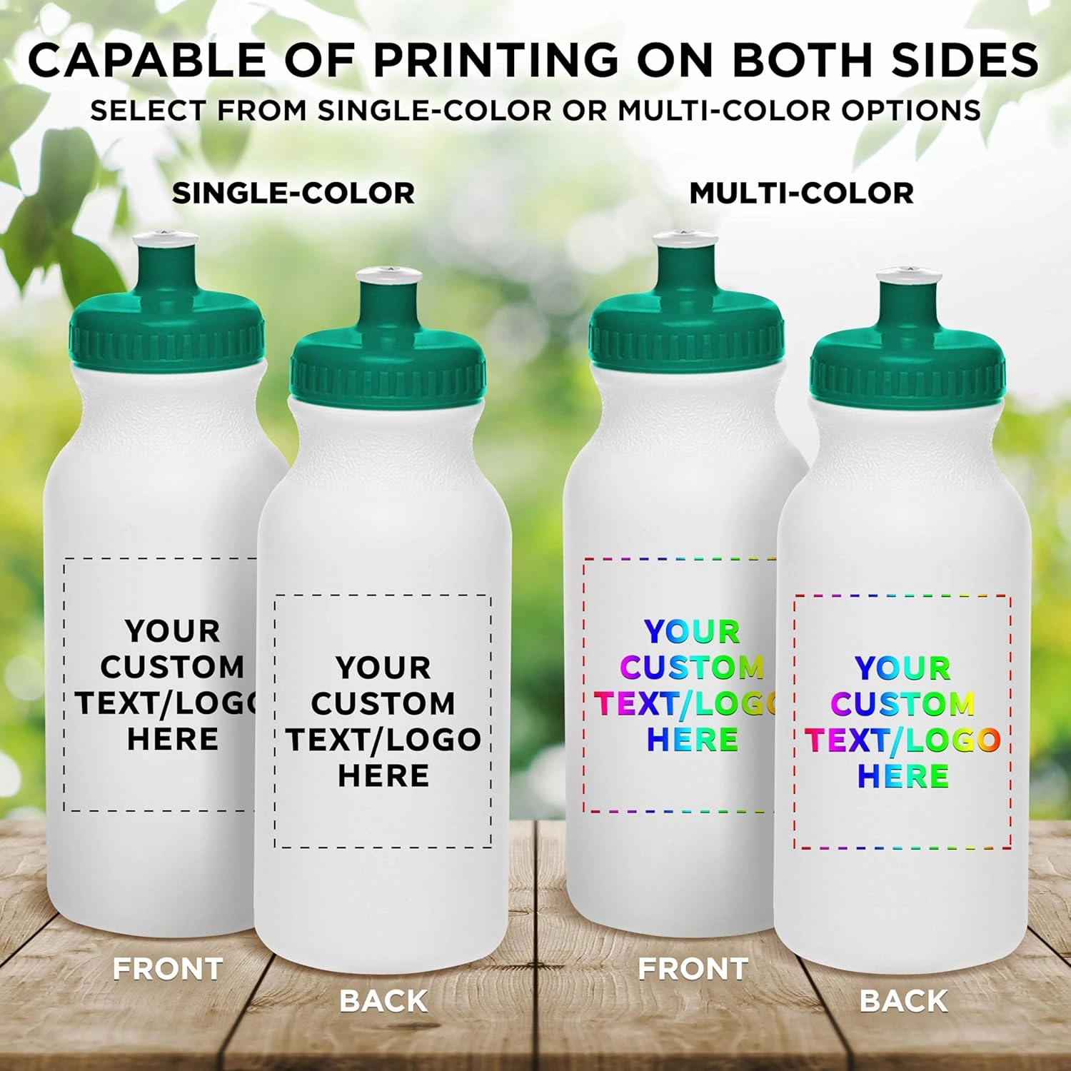 DISCOUNT PROMOS Custom White Water Bottles with Push Cap -100 pack, Customizable Text, Logo, 20 oz, Reusable BPA FREE Squeezable Bottles in Bulk - White Green