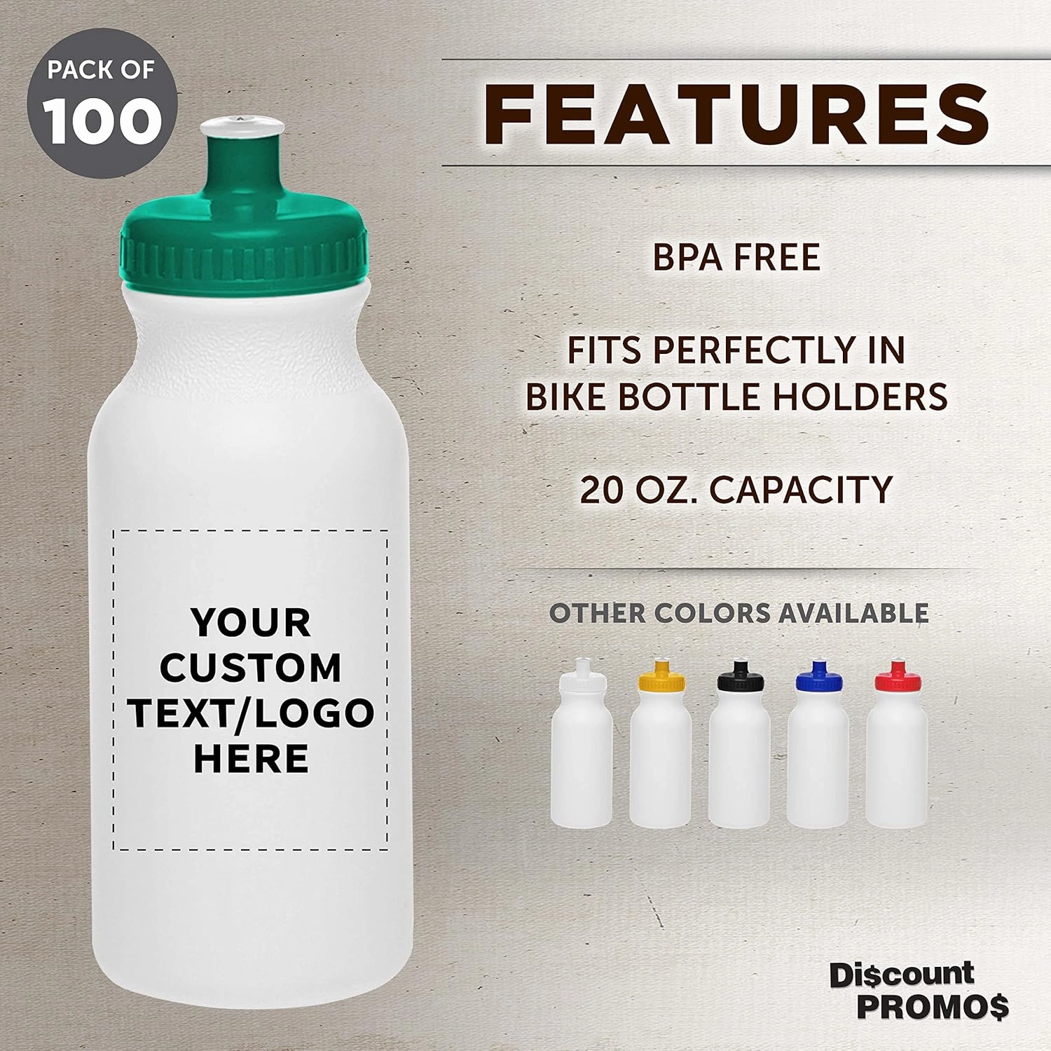 DISCOUNT PROMOS Custom White Water Bottles with Push Cap -100 pack, Customizable Text, Logo, 20 oz, Reusable BPA FREE Squeezable Bottles in Bulk - White Green
