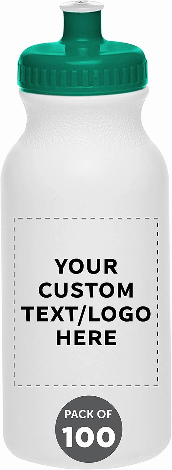 DISCOUNT PROMOS Custom White Water Bottles with Push Cap -100 pack, Customizable Text, Logo, 20 oz, Reusable BPA FREE Squeezable Bottles in Bulk - White Green
