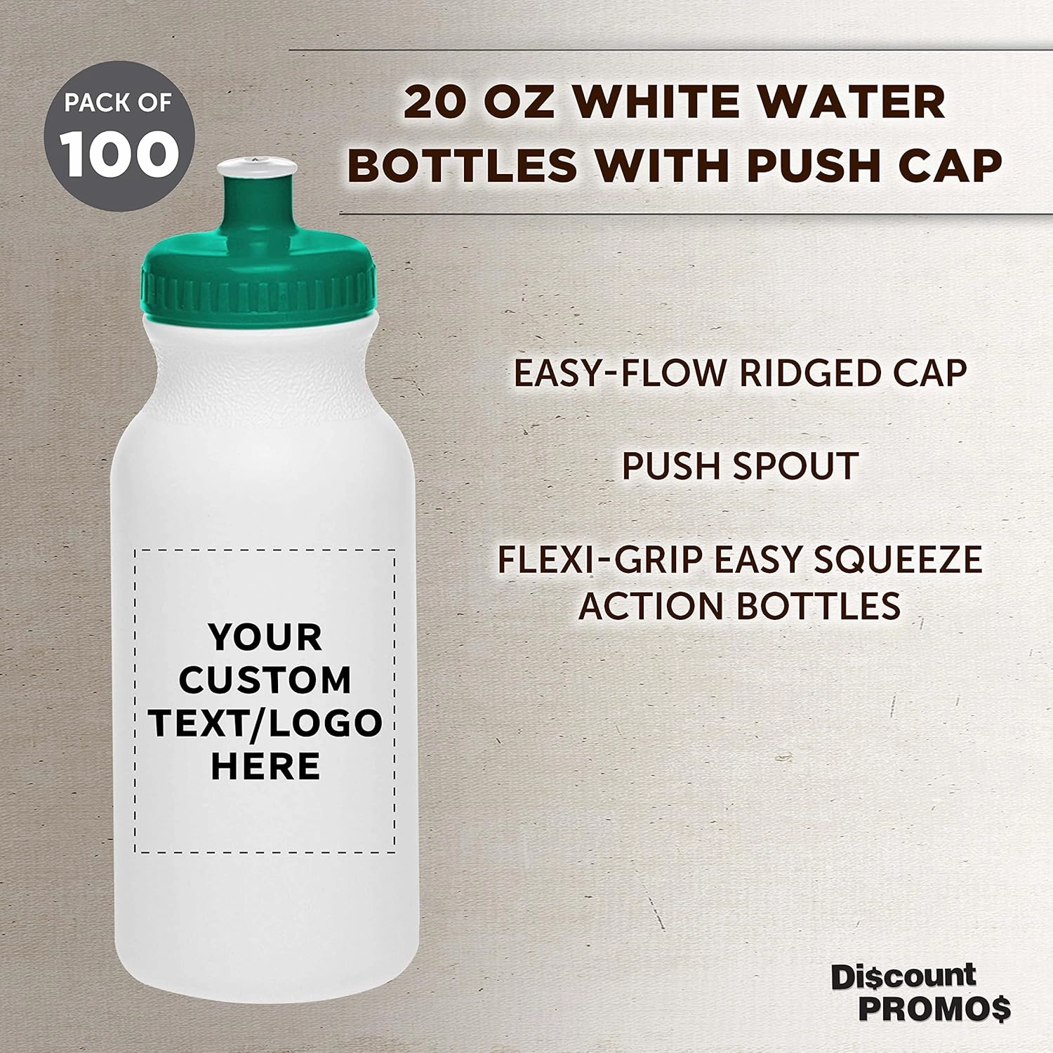 DISCOUNT PROMOS Custom White Water Bottles with Push Cap -100 pack, Customizable Text, Logo, 20 oz, Reusable BPA FREE Squeezable Bottles in Bulk - White Green